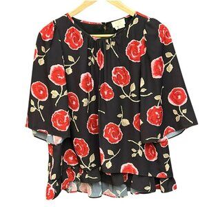 Kate Spade Black Red Hazy Rose Double Layer Top Size Small Floral Ultrafeminie